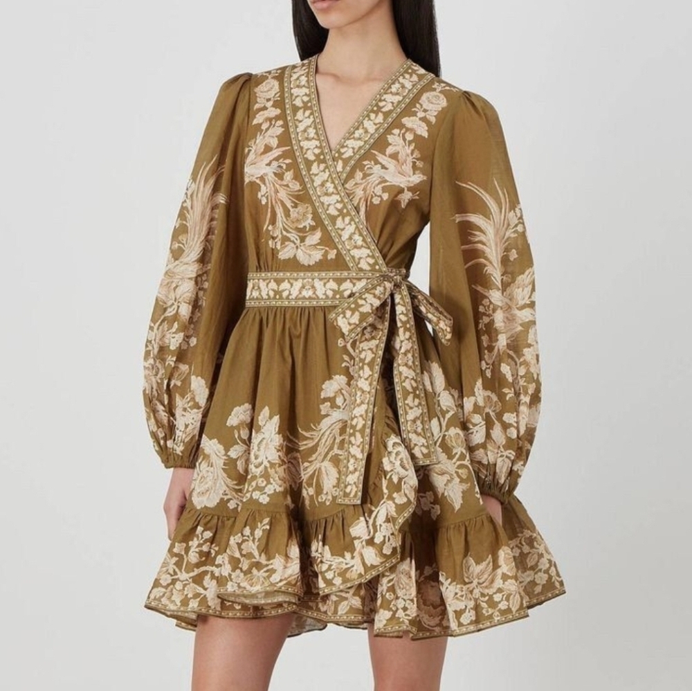 Zimmermann Anneke Printed Wrap Mini Dress in Cotton 0 Petite Olive Green